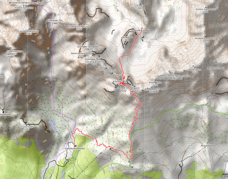 Openstreetmap: Gaudeamushütte - Kleines Törl - Fritz-Pflaum-Hütte
